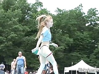Amateur blonde is on the stage teasing the crowd